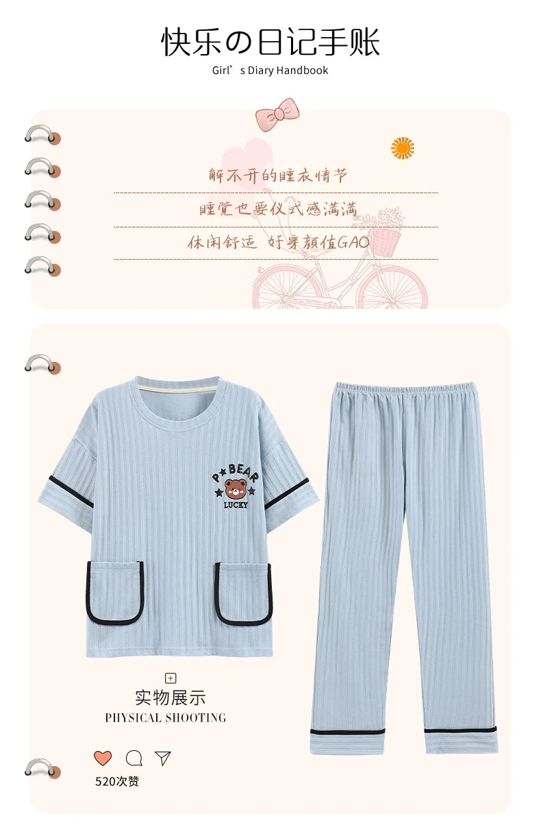 Big Size 5XL Pajama Sets Short Sleeved Cartoon Bear Knitted PJ Plaid Sleepwear Elegant Women's Pajamas Lounge Home Pijama Mujer