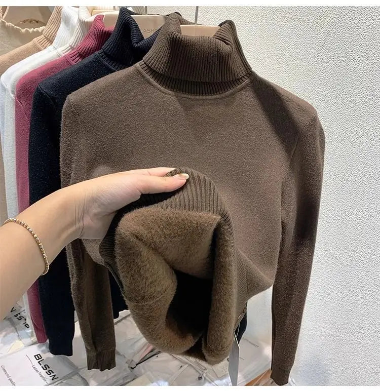 Turtleneck Plush Fleece Sweater Women Winter Fashion Elastic Thicken Pullovers Warm Casual Basic Solid Bottoming Sweater