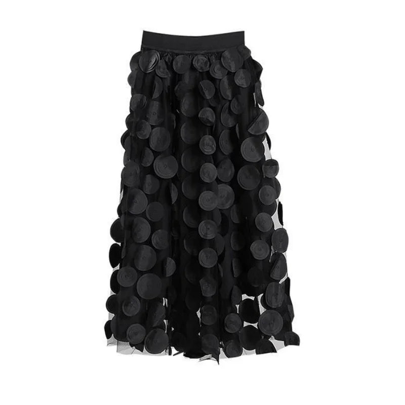 Women Polka Dot 3D Design Tulle Mesh Skirt Vintage Elastic Waist Long A-line Tutu Skirt