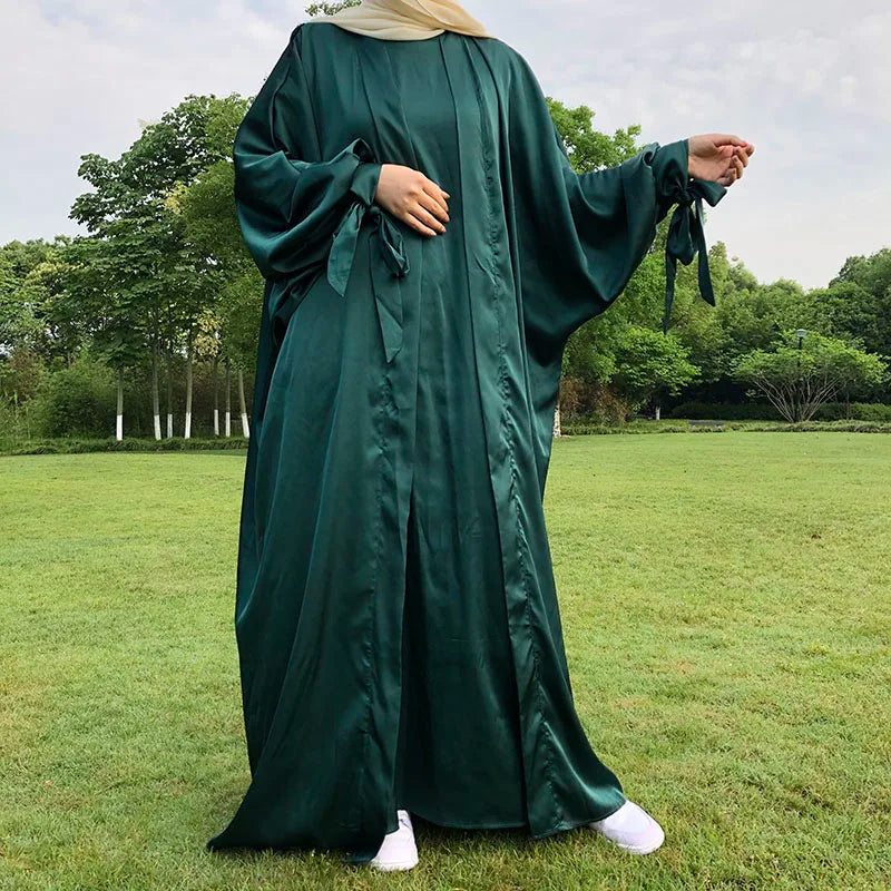 2 Piece Butterfly Satin Abaya Set Tie Cuff Sleeve Kimono Match Inner Slip Islamic Clothing Dubai Muslim Women Shiny Maxi Dress