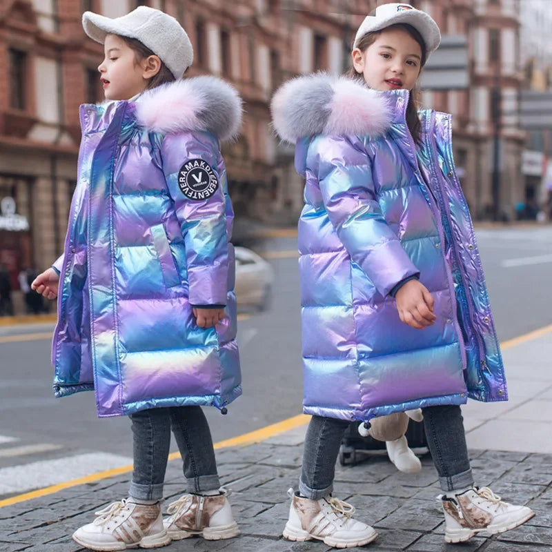 Warm Winter Jacket For Girls Coat Fashion Waterproof Shiny Hooded Children Outerwear Clothing 5-14 Years Teenage Kids Parka