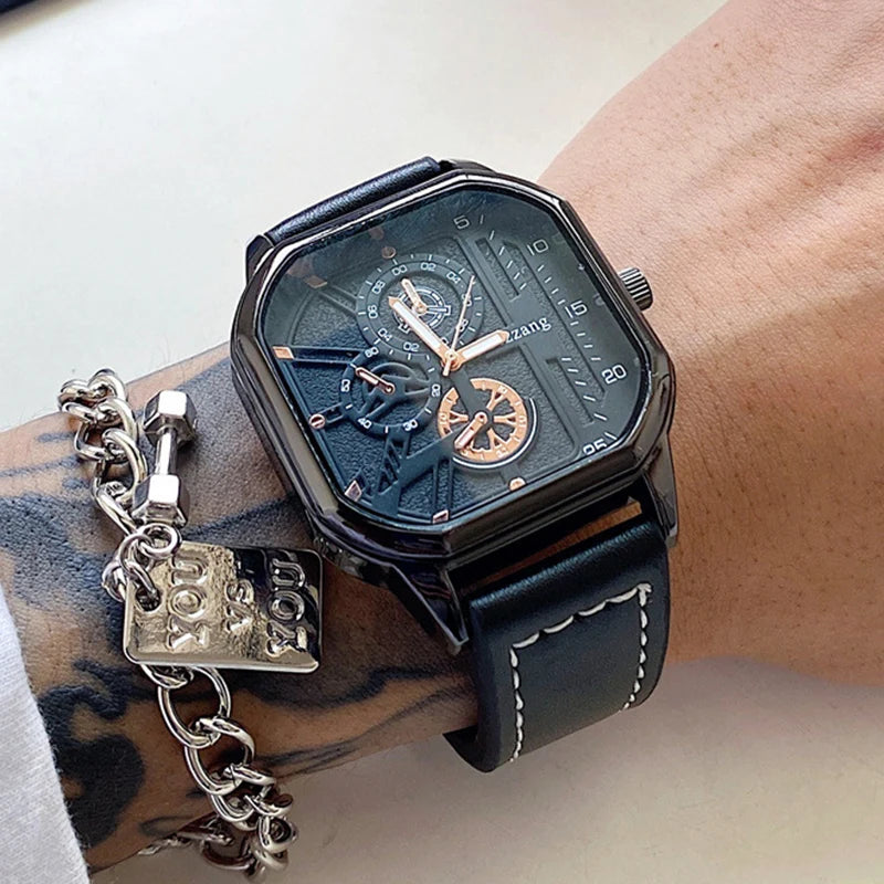 YIKAZE Alloy Men Quartz Watches Leather Strap Big Dial Student Square Sports Watch Cool Black Men's Watch Waterproof  Wristwatch