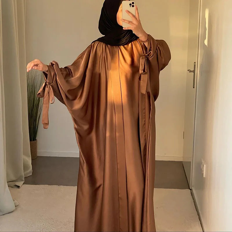 2 Piece Butterfly Satin Abaya Set Tie Cuff Sleeve Kimono Match Inner Slip Islamic Clothing Dubai Muslim Women Shiny Maxi Dress