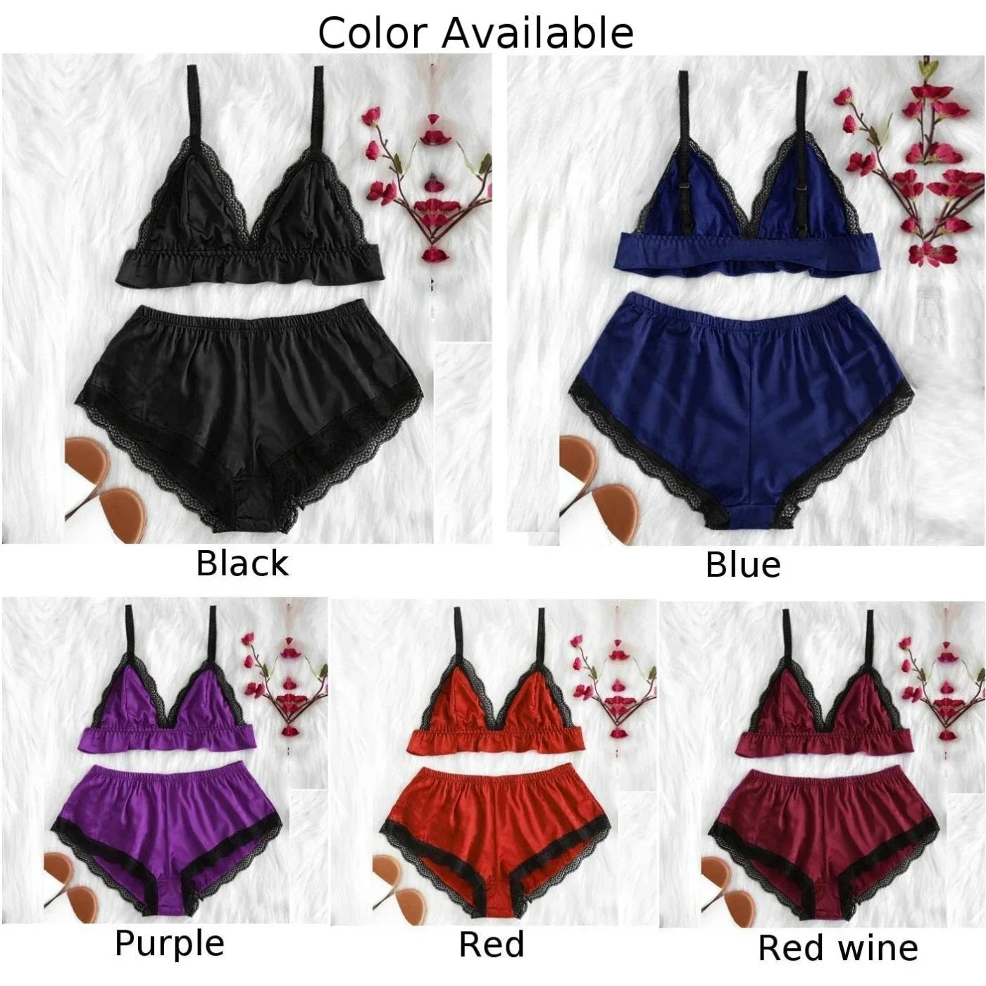 Women Lace Camisole Top Panties Sexy Satin Silk Sleepwear Set Top Shorts Nightwear Lingerie Pajamas Set Trikini Top Briefs Set