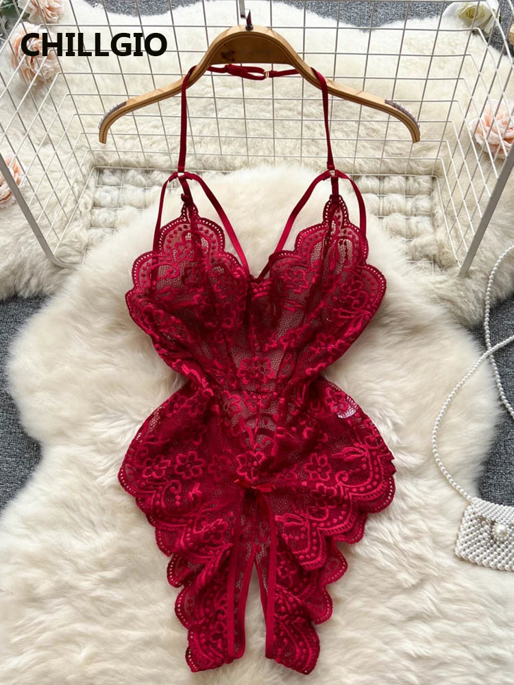 CHILLGIO Sexy Floral Lace Strappy Rompers Women Transparent Erotic Tight Combination Catsuits Club One Piece Backless Bodysuits