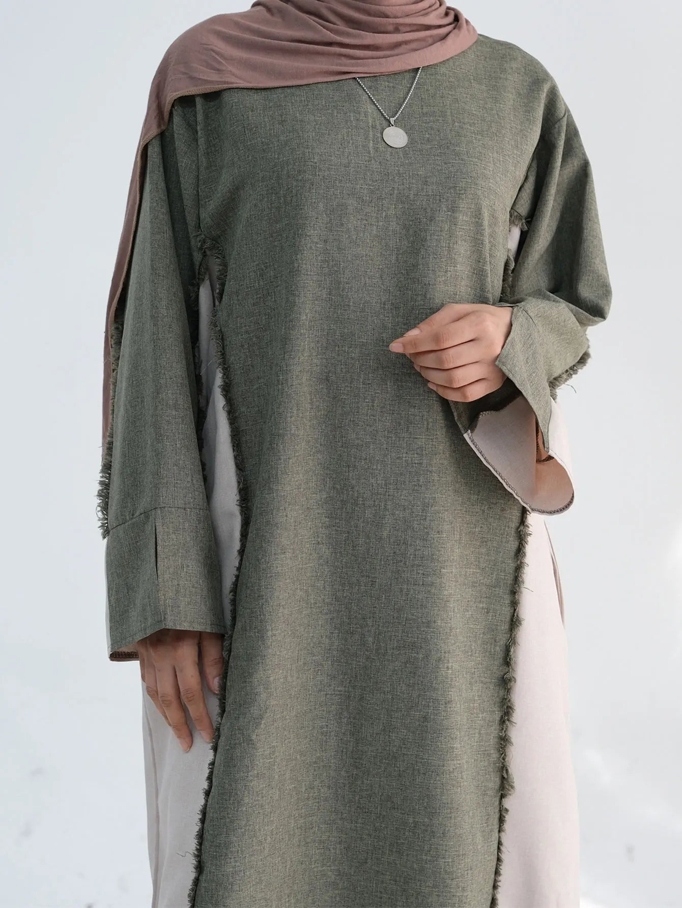 New Trend Contrast Color Women Dresses Modest Abaya Muslim Women Dress Linen Frayed Closed Abaya Ramadan EID Dubai Abaya 2025