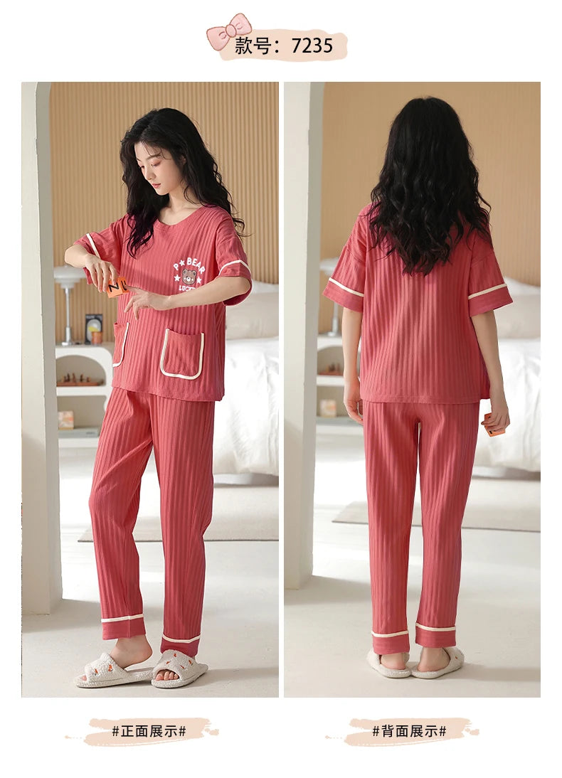 Big Size 5XL Pajama Sets Short Sleeved Cartoon Bear Knitted PJ Plaid Sleepwear Elegant Women's Pajamas Lounge Home Pijama Mujer