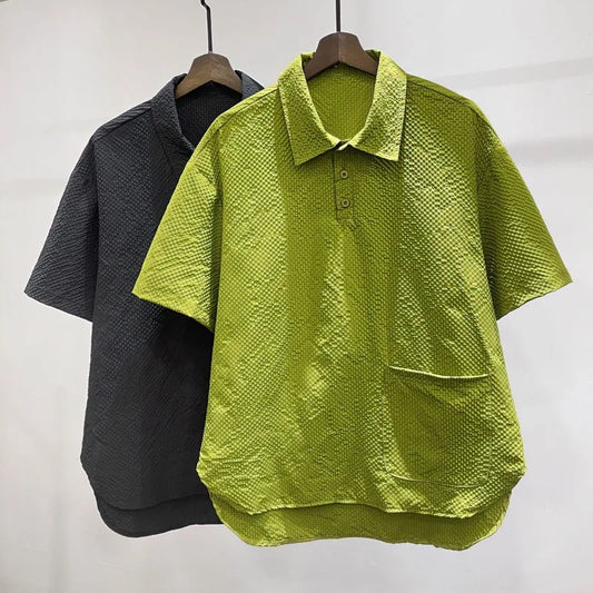 Loose Solid Lattice Short Sleeve T-shirt Men POLO Cool and Breathable Outdoor Tops Summer Green Sweat-absorbing Vintage Tees