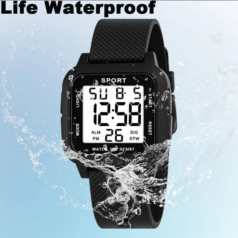 YIKAZE Black Sports Watch Men's Digital Watch Alarm Chrono Clock 3Bar Waterproof Military Men Watches LED Electronic Wristwatch