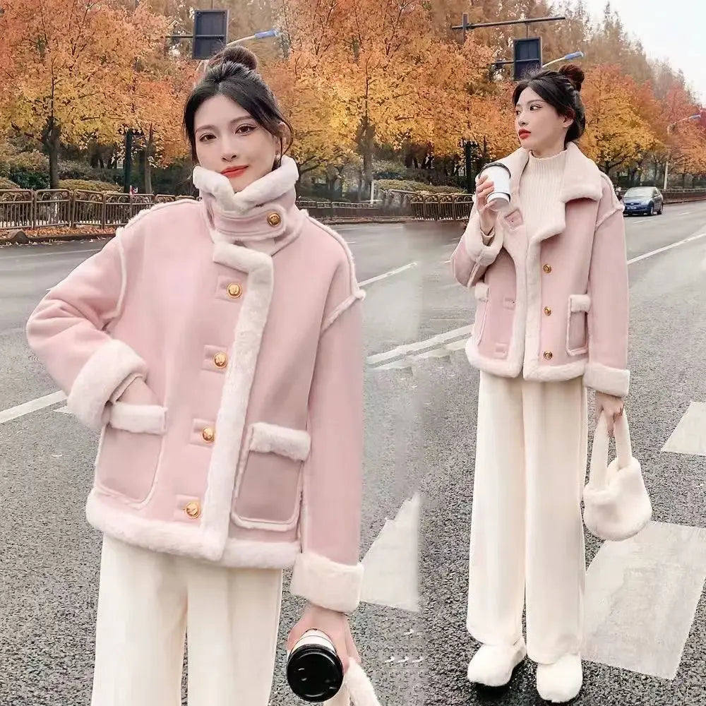 Vintage Thickened Locomotive Women Jacket Long Sleeve Warm Lamb Wool Casual Chic Coat Loose Contrasting Colour Motorcycle Coat