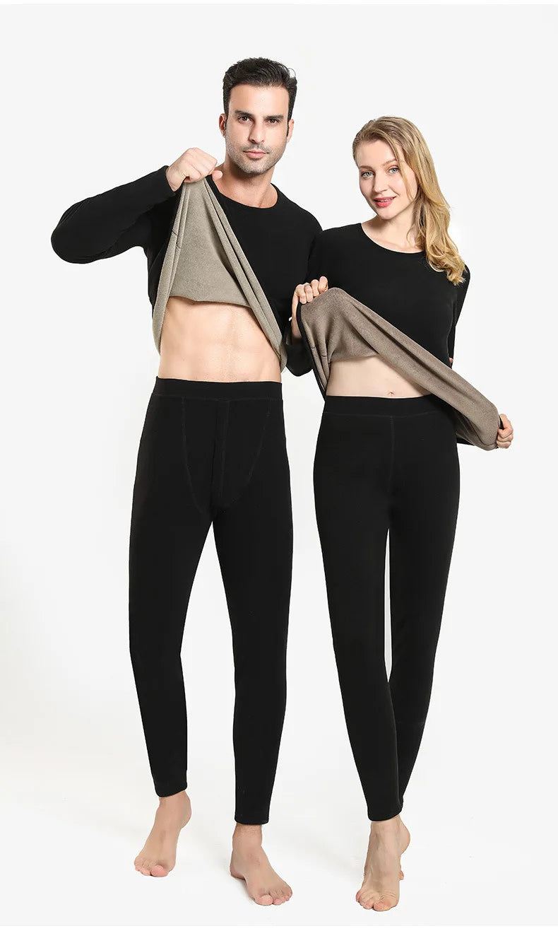 Couple Winter Solid Color Thermal Underwear Sets Soft Thicken Fleece-lined Warm Cold-proof Long Johns Top & Bottom 2 Piece Set