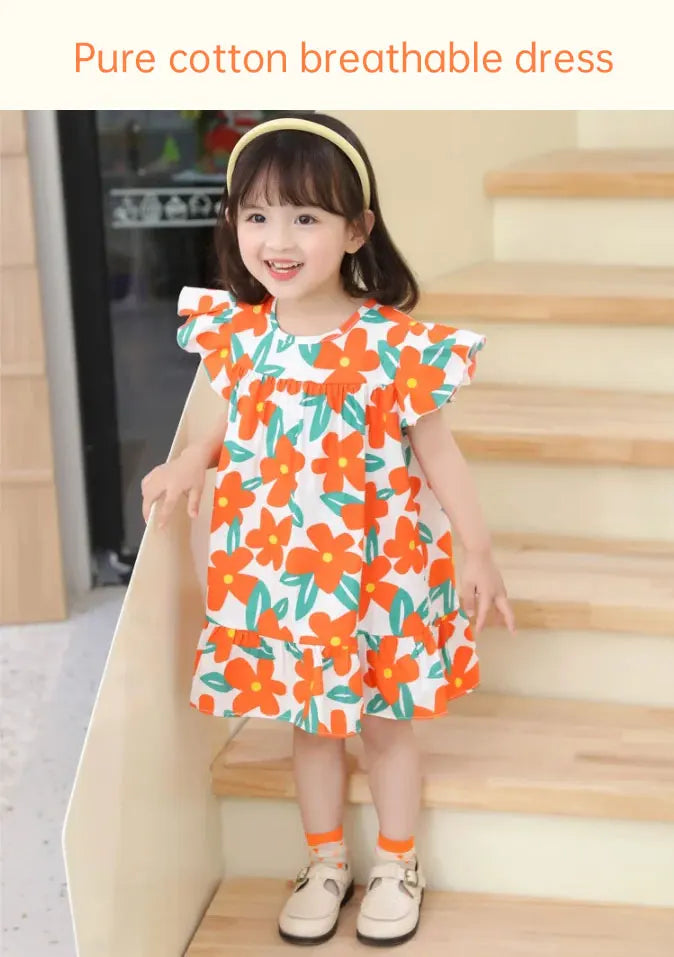 Girl Dresses100% Cotton Children's Clothing Summer Kids Clothes Girls Party Princess Fashion Outfit Flower Pattern Beach Dresses