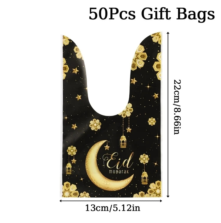 50pcs Eid Mubarak Gift Bags Plastic Bag Cookie Candy Ramadan Kareem Decoration 2024 Islamic Muslim Party Packaging Bag Pouch