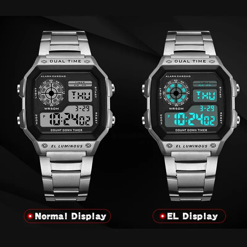 MAYZHISU Classic Men's Digital Watches Luxury Stainless Steel Strap Sport Watches Men Military Clock LED Sport Wristwatch