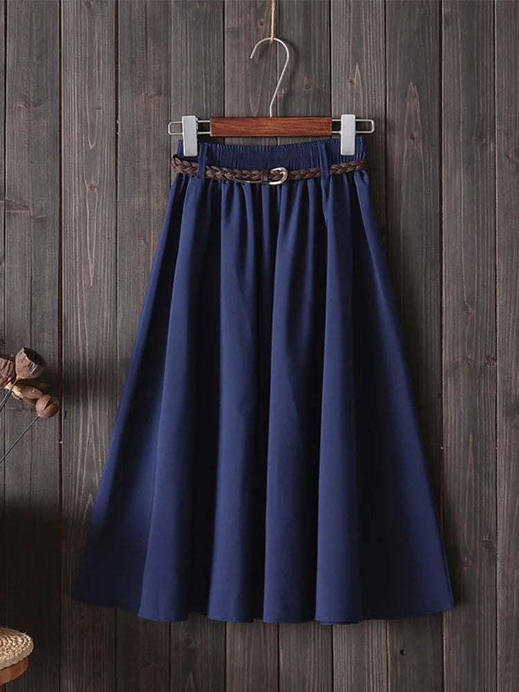 Midi Knee Length Summer Skirt Women With Belt  Fashion Korean Ladies High Waist Pleated A-line School Skirt Female