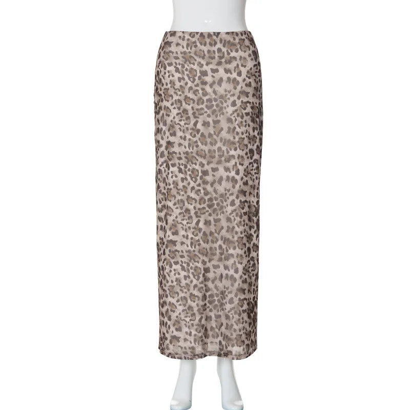 Leopard Print Tulle Skirt Woman Vintage High Waist Long Skirts For Women Summer Mesh Midi Skirt Elegant Women's Skirts