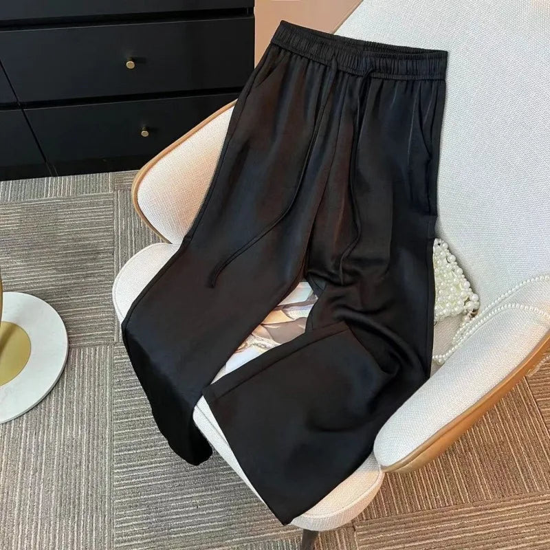 Spring Summer Woman Vintage Jacquard Trousers High Quality Elastic Waist Drawstring Wide Leg Solid Satin Loose Straight Pants