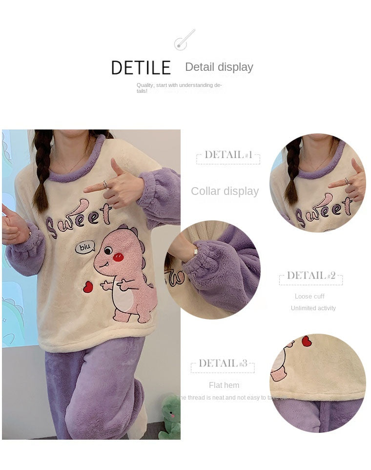 Autumn Winter Women's Pajamas Cute Cartoon Printed Sleepwear Casual Home Wear Set Girl Knitted Size M-3XL Pijamas Fashion Pyjama