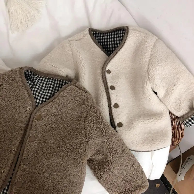 New Children's Plaid Plush Coat Autumn and Winter New Warm Coat Children on Both Sides Wear Coat Boy's and Girls' Clothing