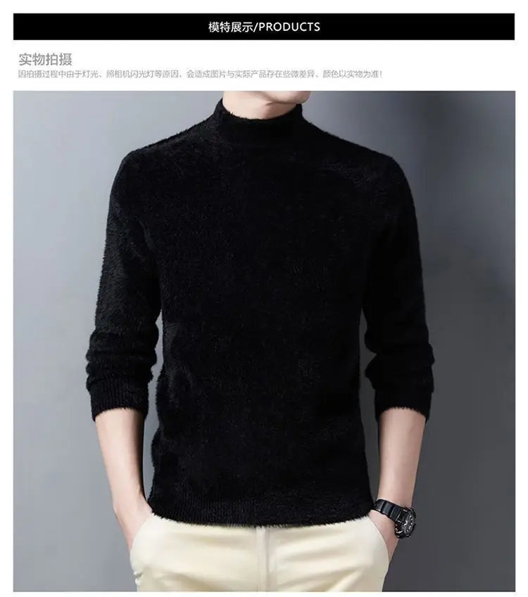 New Pullover Men Sweater Soft Warm Long Sleeve Mock Neck Solid Color Fine fleece Sweater Thicken Warm Loose Casual Sweaters