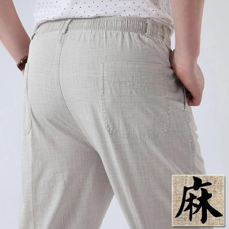 Mens Cotton Linen Long Pants Summer Elastic Waist Trousers Solid Breathable High Waist Loose Leisure Resort Thin Straight Pants