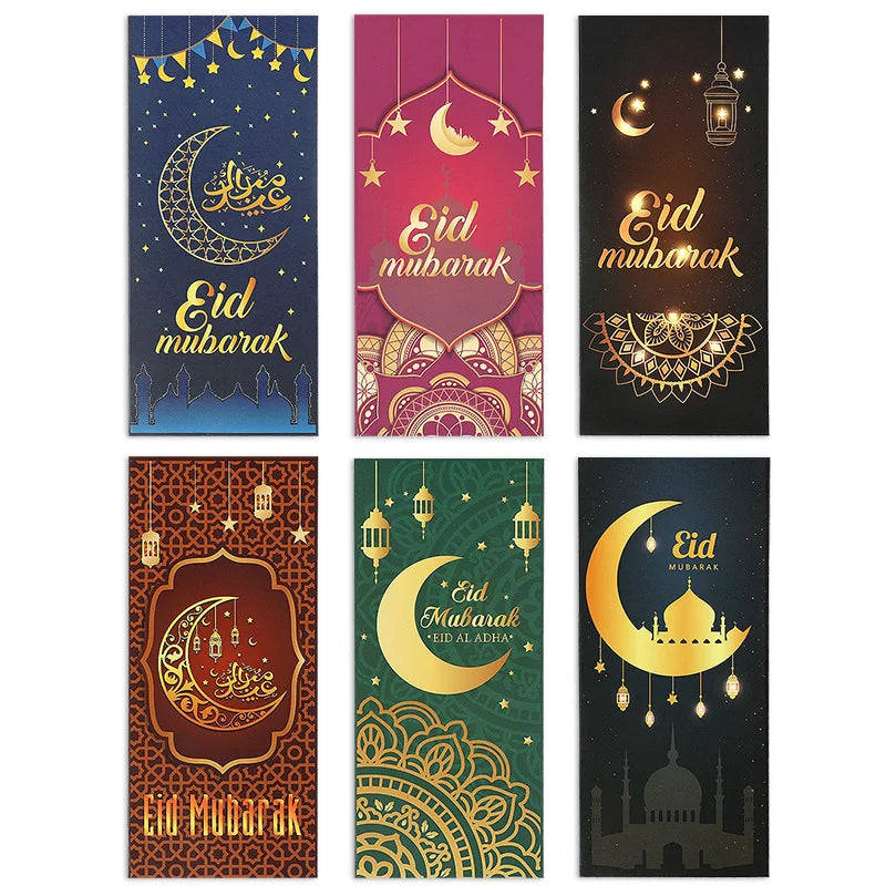 6pcs Eid Mubarak Cash Envelopes Money Cards Paper Bag 2025 Ramadan Islamic Muslim Festival Party Decor Supplies Eid Al-fitr Gift